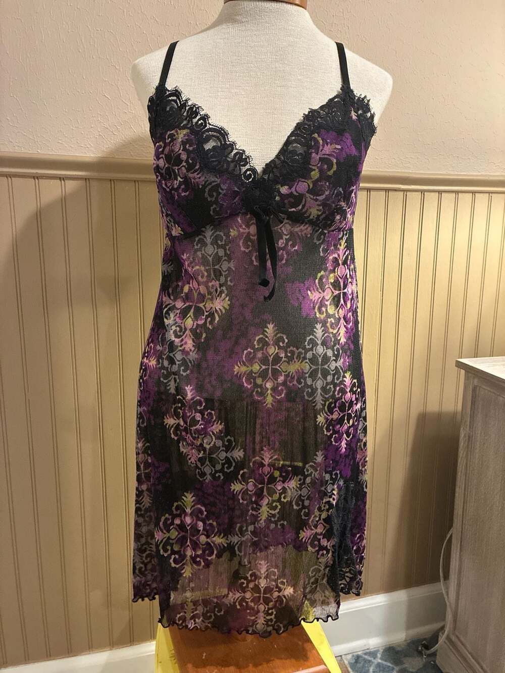 Cacique Purple Damask Metallic Mesh Lace Trim Chemise Nightgown Plus Size 14/16